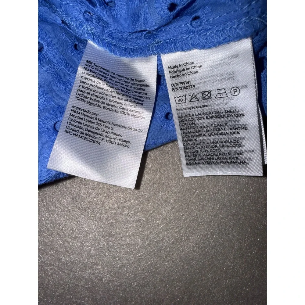 H&M Blue Eyelet Cotton V-Neck Blouse Long Sleeve Embroidered Top